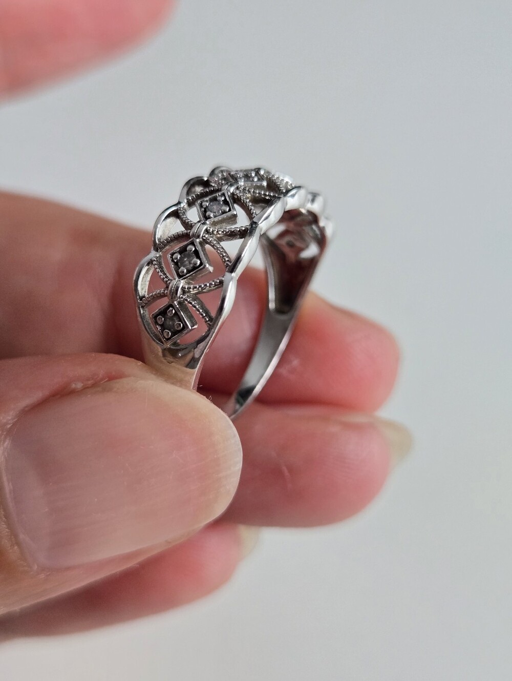 Diamond And Sterling Silver Filigree Band Ring